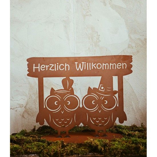 Deko Eulenpaar aus Metall mit Aufschrift - Herzlich Willkommen - Breite 51 cm