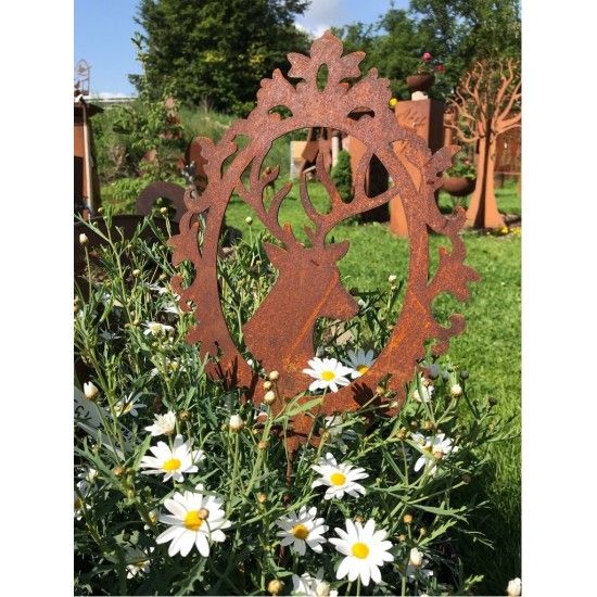 Tierstecker Edelrost Deko Hirsch im Barockrahmen zum Stecken Edelrost 30 cm Edelrost Deko Hirsch im Barockrahmen mit Stab zum St