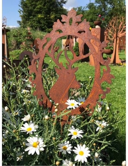 Tierstecker Edelrost Deko Hirsch im Barockrahmen zum Stecken Edelrost 30 cm Edelrost Deko Hirsch im Barockrahmen mit Stab zum St