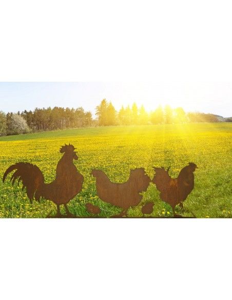 Hühner, Gockel und Küken Edelrost - Geflügel - auf Stange XXL - 2-tlg - Breite  144 cm - Frühlings Dekoration für Ihren Garten D