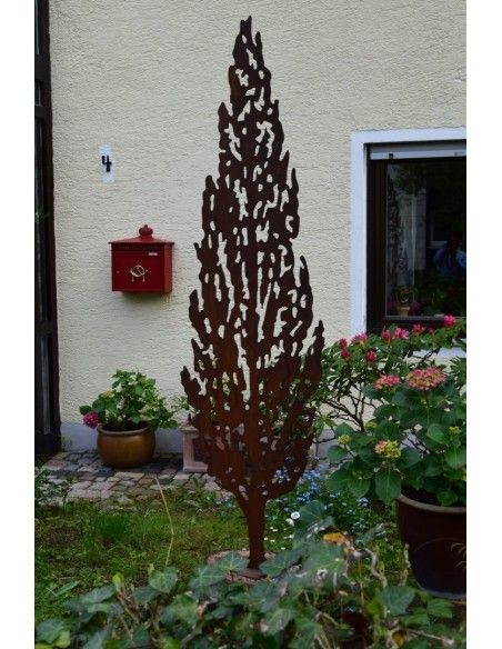 Bäume Edelrost Zypresse - Toscana - mit Ausschnitten, Höhe 180 cm, zum Stecken Höhe 180 cm
Breite 45 cm
hinten ist ein Rohr an