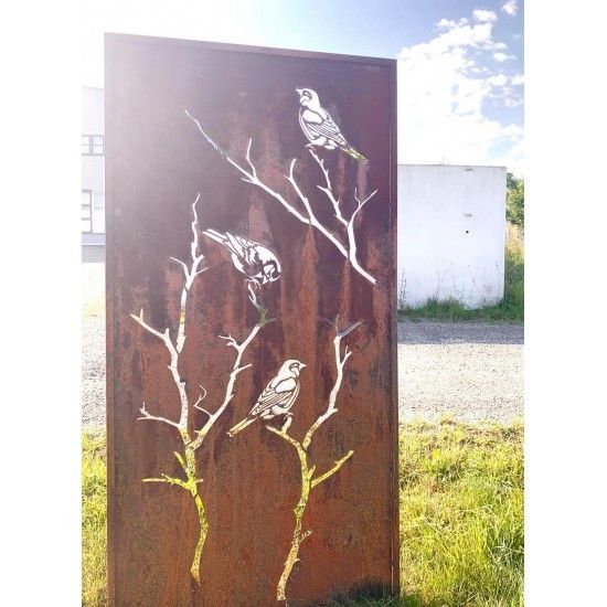 Sichtschutzwände und Paravents Edelrost Sichtschutzwand - Meisen auf Ast - H x B 200 x 100 cm Edelrost Sichtschutzwand "Meisen a