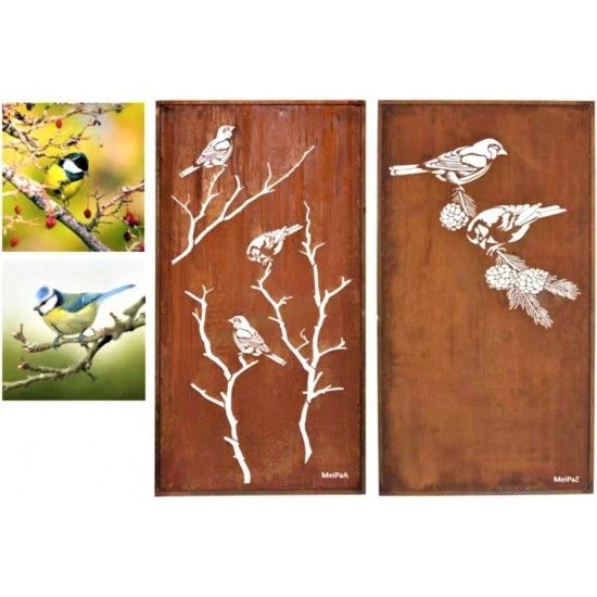 Sichtschutzwände und Paravents Edelrost Sichtschutzwand - Meisen mit Zapfen - Höhe 200 cm - Gartenparavents Edelrost Sichtschutz