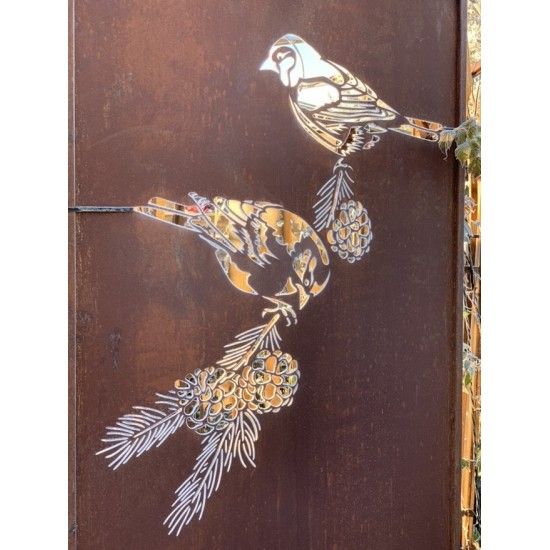 Sichtschutzwände und Paravents Edelrost Sichtschutzwand - Meisen mit Zapfen - Höhe 200 cm - Gartenparavents Edelrost Sichtschutz