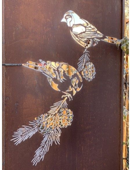 Sichtschutzwände und Paravents Edelrost Sichtschutzwand - Meisen mit Zapfen - Höhe 200 cm - Gartenparavents Edelrost Sichtschutz