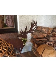 Rost Hirsch groß Höhe 100 cm nach hinten schauend auf Platte - doppeltes Geweih 2