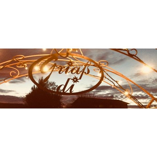 Allgäu Deko Rost Schriftzug oval Griaß di mit Edelweiß, Höhe 14 cm Breite 25 cm Der Edelrost Schriftzug ist eine wunderschönes D