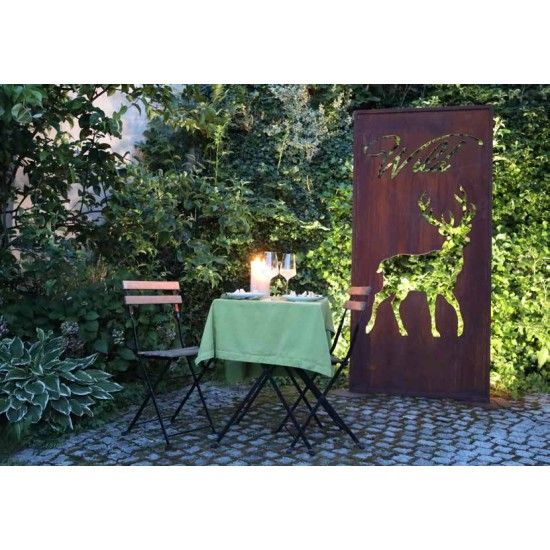 Sichtschutzwände und Paravents Sichtschutzwand mit gehendem Hirsch und Schriftzug  -Wild - Höhe 200 cm - Breite 100 cm 
Metall