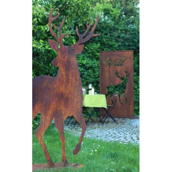 Sichtschutzwände und Paravents Sichtschutzwand mit gehendem Hirsch und Schriftzug  -Wild - Höhe 200 cm - Breite 100 cm 
Metall