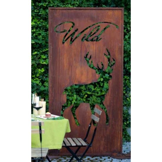 Sichtschutzwände und Paravents Sichtschutzwand mit gehendem Hirsch und Schriftzug  -Wild - Höhe 200 cm - Breite 100 cm 
Metall