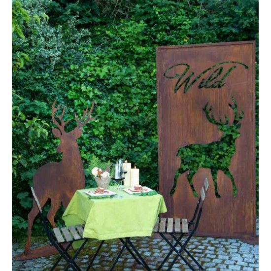 Sichtschutzwände und Paravents Sichtschutzwand mit gehendem Hirsch und Schriftzug  -Wild - Höhe 200 cm - Breite 100 cm 
Metall