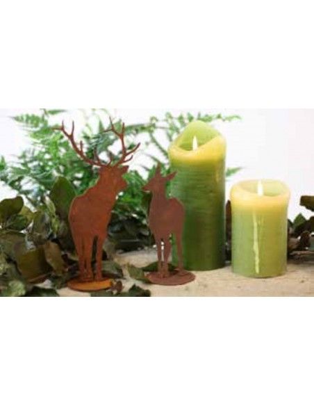 rostige Deko Hirsche und Rehe Edelrost Hirsch von vorne, 20 cm hoch, 10 cm breit, mit Platte Hirsch-Silhouette von vorne, schmal