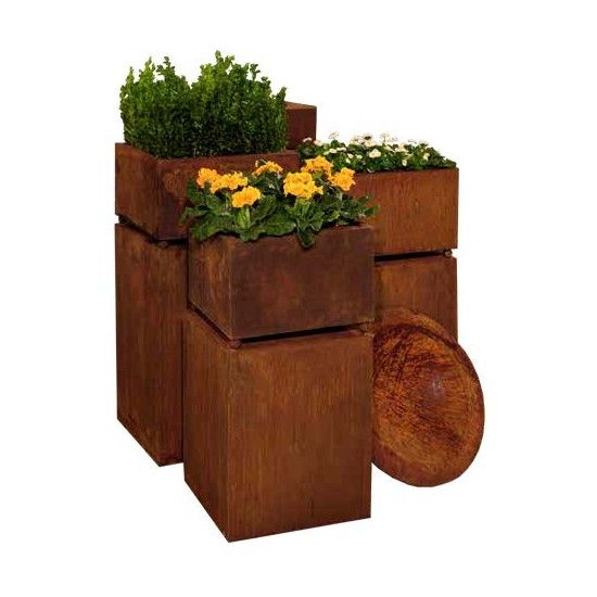 Rechteckige Säulen Edelrost Podest für Blumen und Schalen - Höhe 50 cm 
Länge 40 cm
Breite 40 cm
Höhe 50 cm
unten offen und 