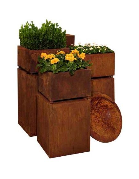 Rechteckige Säulen Edelrost Podest für Blumen und Schalen - Höhe 50 cm 
Länge 40 cm
Breite 40 cm
Höhe 50 cm
unten offen und 