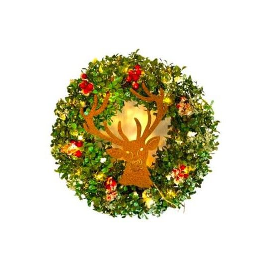 Deko zum Hängen kleiner Edelrost Hirschkopf -filigran- zum hängen 20 cm 
Höhe: 20 cm
Breite: 17 cm
