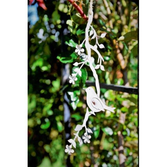 Vogel auf Ast - Nuria - Metall Weiß 28 cm lang - Frühlingsdeko