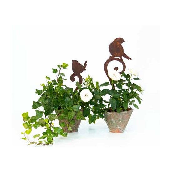 Vogel Deko kleiner Deko Vogel auf Curl sitzend 43 cm hoch 
Gartenstecker mit Vögelchen auf einem geschwungen Ornament Curl
43