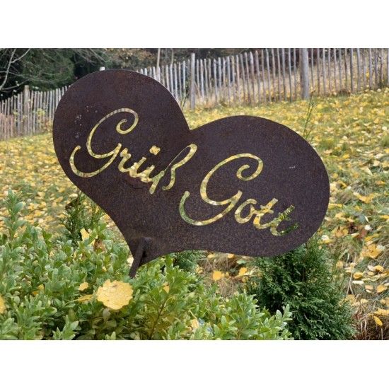 Frühling / Ostern Grüß Gott Gartenstecker - Edelrost Herz zum Stecken mit Schriftzug Grüß Gott Herz mit Schriftzug Grüß Gott zum
