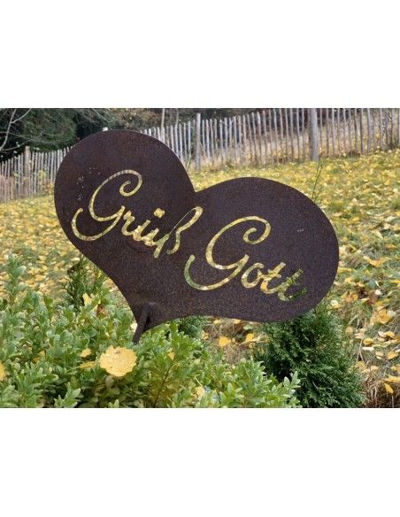 Frühling / Ostern Grüß Gott Gartenstecker - Edelrost Herz zum Stecken mit Schriftzug Grüß Gott Herz mit Schriftzug Grüß Gott zum