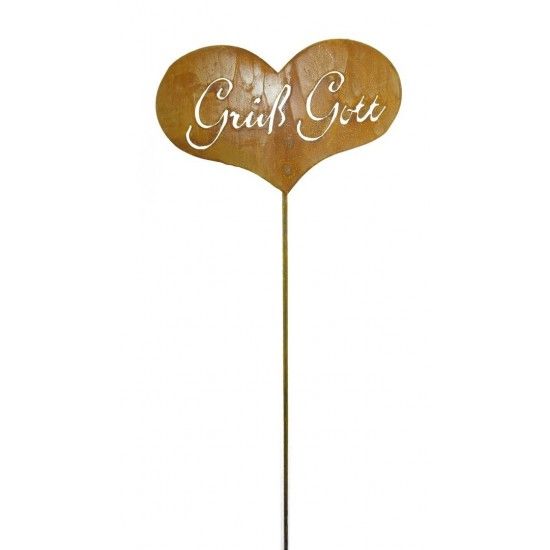 Frühling / Ostern Grüß Gott Gartenstecker - Edelrost Herz zum Stecken mit Schriftzug Grüß Gott Herz mit Schriftzug Grüß Gott zum