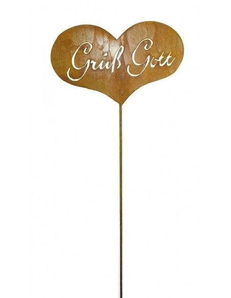 Frühling / Ostern Grüß Gott Gartenstecker - Edelrost Herz zum Stecken mit Schriftzug Grüß Gott Herz mit Schriftzug Grüß Gott zum