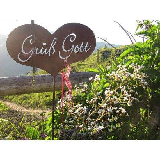 Frühling / Ostern Grüß Gott Gartenstecker - Edelrost Herz zum Stecken mit Schriftzug Grüß Gott Herz mit Schriftzug Grüß Gott zum