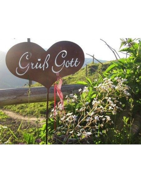 Frühling / Ostern Grüß Gott Gartenstecker - Edelrost Herz zum Stecken mit Schriftzug Grüß Gott Herz mit Schriftzug Grüß Gott zum