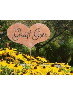 Grüß Gott Gartenstecker - Edelrost Herz zum Stecken mit Schriftzug Grüß Gott 2