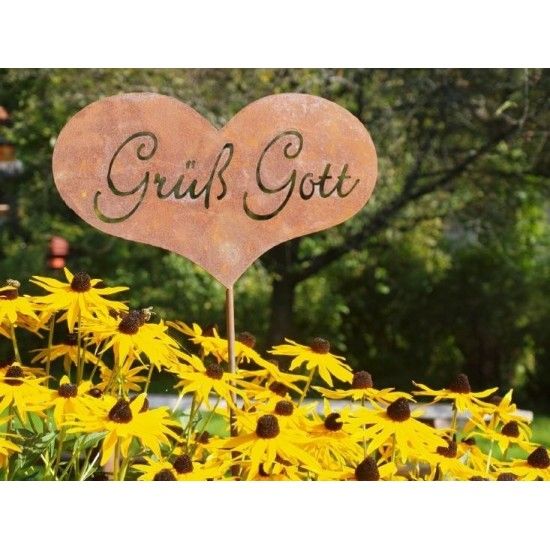 Frühling / Ostern Grüß Gott Gartenstecker - Edelrost Herz zum Stecken mit Schriftzug Grüß Gott Herz mit Schriftzug Grüß Gott zum