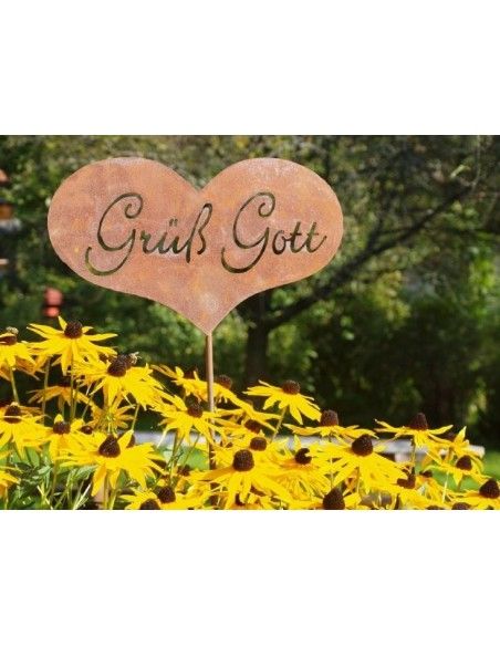 Frühling / Ostern Grüß Gott Gartenstecker - Edelrost Herz zum Stecken mit Schriftzug Grüß Gott Herz mit Schriftzug Grüß Gott zum