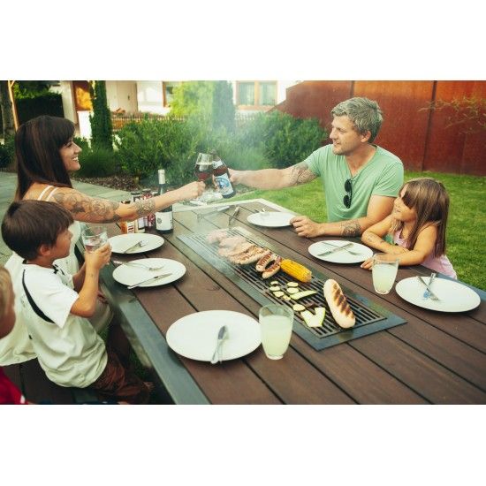 Grillstellen + große Gartengrills Metall Grilltisch mit Bambusholz - Länge 200 cm - Outdoor Gartenküche für die Familie Grilltis