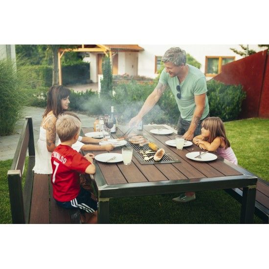 Grillstellen + große Gartengrills Metall Grilltisch mit Bambusholz - Länge 200 cm - Outdoor Gartenküche für die Familie Grilltis