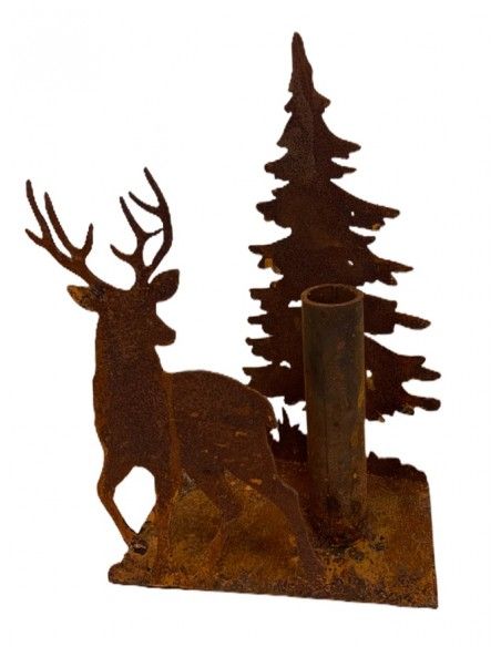 rostige Deko Hirsche und Rehe Stabkerzenhalter gekantet, schräg zulaufend mit Hirsch und Tanne, Höhe 23 cm, Breite 14 cm 
Stabk