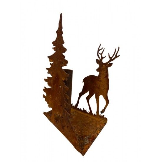 rostige Deko Hirsche und Rehe Stabkerzenhalter gekantet, schräg zulaufend mit Hirsch und Tanne, Höhe 23 cm, Breite 14 cm 
Stabk