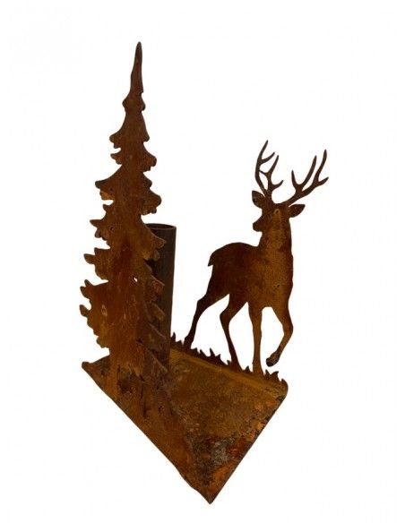 rostige Deko Hirsche und Rehe Stabkerzenhalter gekantet, schräg zulaufend mit Hirsch und Tanne, Höhe 23 cm, Breite 14 cm 
Stabk