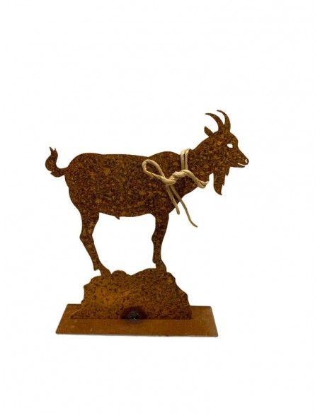 Start Edelrost Ziege mit Glocke 10 cm Breit- Mini auf Platte 
schöne Ziege inkl. Glocke auf 2 Querstangen als Standfüße.
Größe