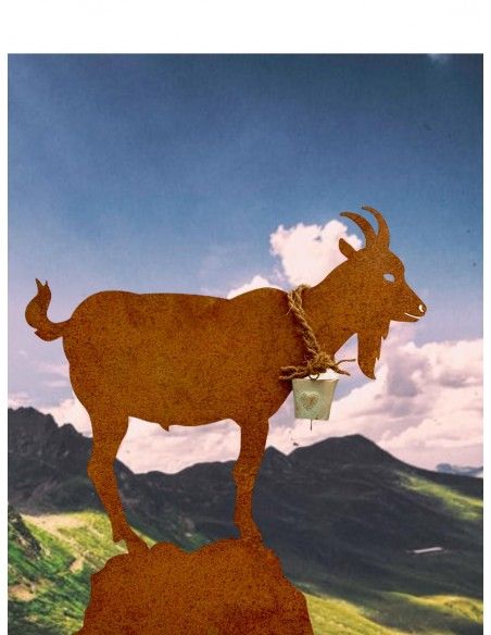 Schafe +Ziegen Edelrost Ziege mit Glocke auf einem Stein 30 cm Breit - Mittel auf Platte 
schöne Ziege inkl. Glocke auf Platte
