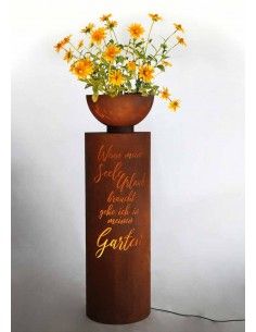 Skulpturen - Rostsäulen und Stelen  Wenn meine Seele Urlaub braucht, geh ich in meinen Garten - halbrunde Rostsäule mit Spruch - 2