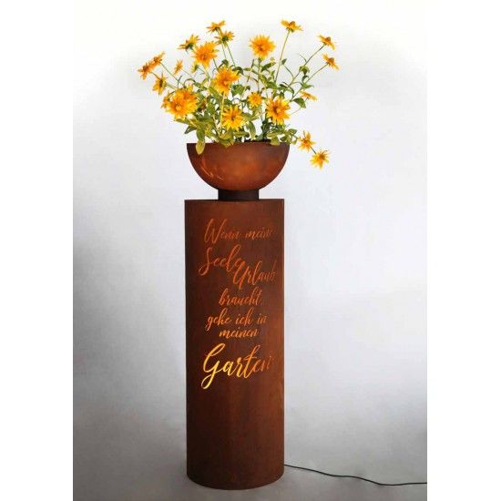 Skulpturen - Rostsäulen und Stelen Wenn meine Seele Urlaub braucht, geh ich in meinen Garten - halbrunde Rostsäule mit Spruch -