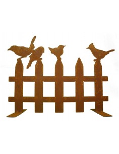 Gartendeko Rost Edelrost Vogelzaun mit 4 Vögelchen 50 cm breit auf Platte Edelrost
