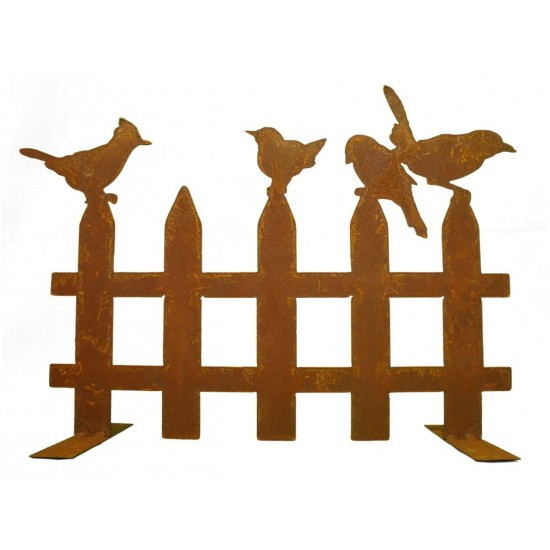 Gartendeko Rost Edelrost Vogelzaun mit 4 Vögelchen 50 cm breit auf Platte Edelrost 