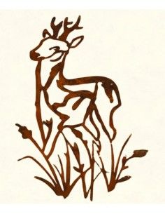 rostige Deko Hirsche und Rehe Rehbock im Gras - Wandbild Metall 40 cm hoch Höhe 40 cm