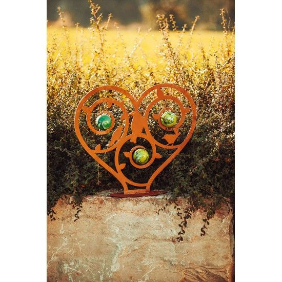 Edelrost Skulptur Vogelherz - inkl. 3 Glaskugeln - Höhe 55 cm