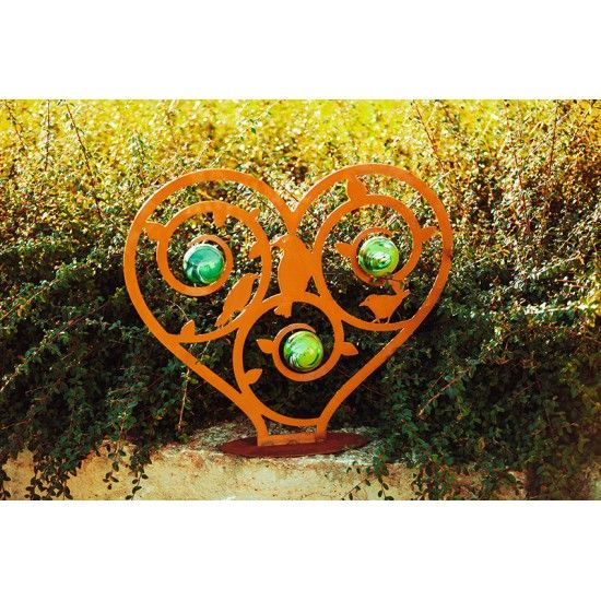 Edelrost Skulptur Vogelherz - inkl. 3 Glaskugeln - Höhe 55 cm