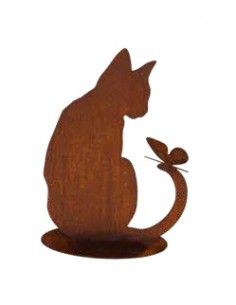 Tiere - Edelrost Tierfiguren Katze von hinten mit Schmetterling - auf Platte 43 cm hoch Katze von hinten mit einem Schmetterling