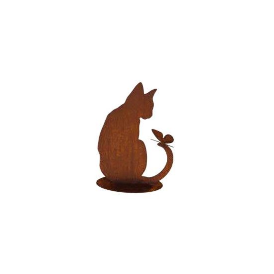 Tiere - Edelrost Tierfiguren Katze von hinten mit Schmetterling - auf Platte 43 cm hoch Katze von hinten mit einem Schmetterling