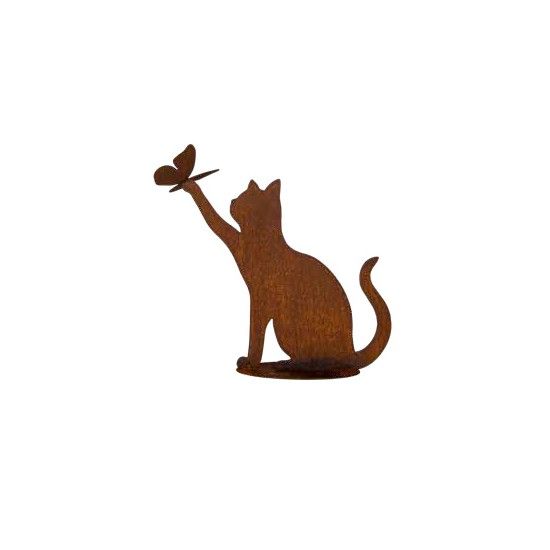 Deko Katzen und Mäuse Katze mit Schmetterling auf der Pfote - auf Platte 45 cm hoch Katze mit ausgestreckter Pfote und einem Sch