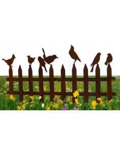 Gartendeko Rost Vogelzaun mit Rohren für Eisenstangen - Breite 115 cm Vögel auf einem Zaun mit Rohren als Steckverbindung für Ei