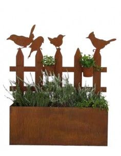 Gartendeko Rost Vogelzaun mit Rohren für Eisenstangen - Breite 115 cm Vögel auf einem Zaun mit Rohren als Steckverbindung für Ei 2