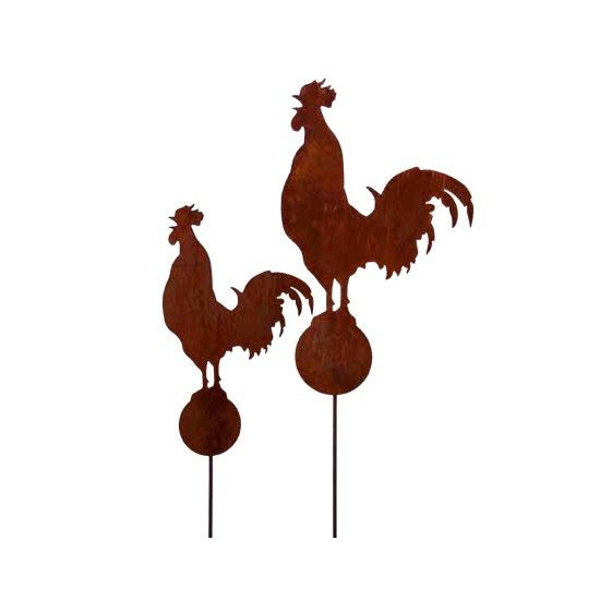Hühner, Gockel und Küken Gartenstecker krähender Hahn auf Kugel - Gesamthöhe 149 cm 
Höhe Hahn mit Kugel 48 cm
Höhe Stab 100 c